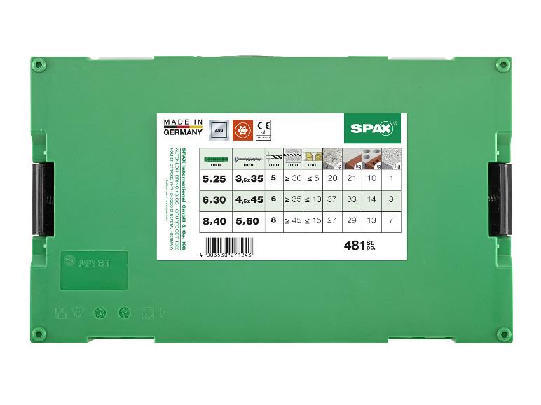 Grüne Sortierbox mit Schrauben und Dübeln, Größenangaben und einer Menge von 481 Stück.