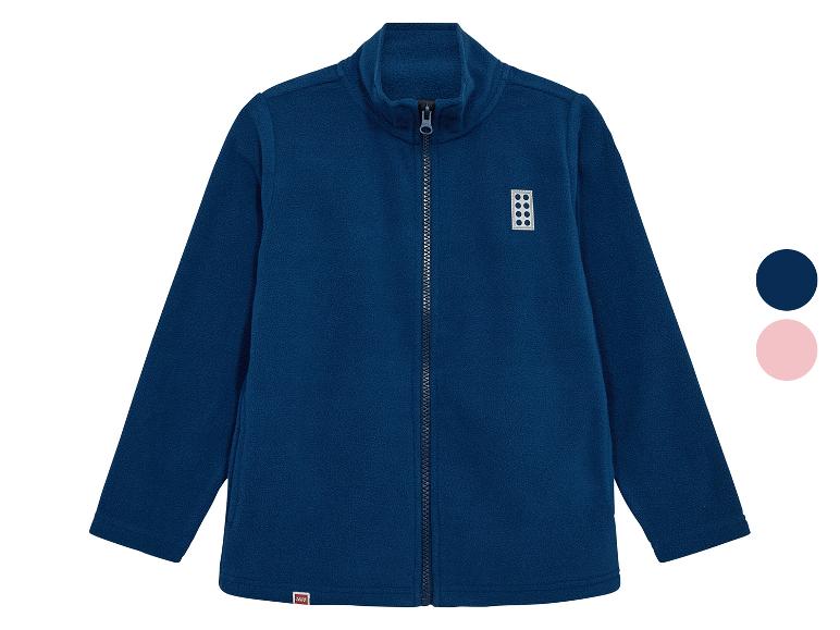 Blaue Kinder-Fleecejacke mit Reißverschluss und quadratischem Logo, erhältlich in Marineblau und Rosa.