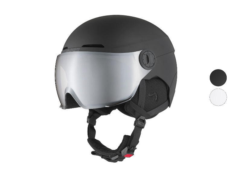 Schwarzer Skihelm mit verspiegeltem Visier und verstellbarem Riemen, in Schwarz und Weiß erhältlich.