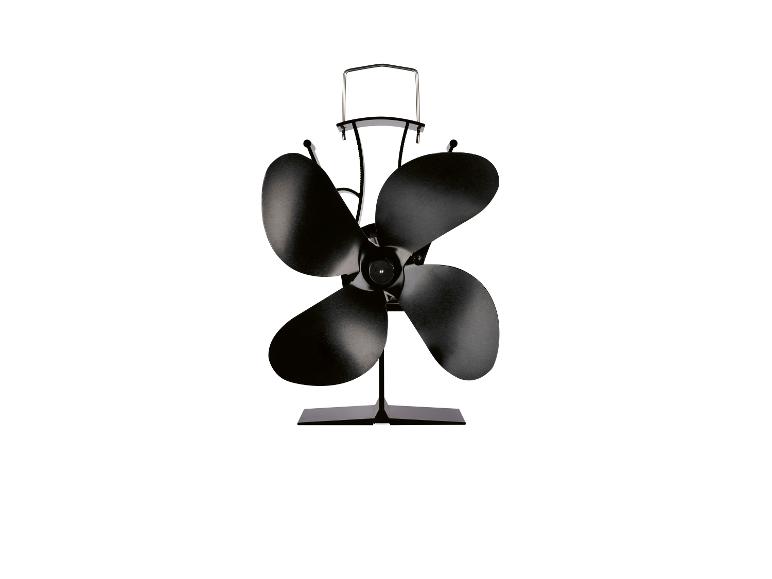 Schwarzer vierflügeliger Ofenventilator auf weißem Hintergrund.