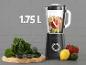 Schwarzer Mixer mit Obst und Gemüse, 1,75 L Fassungsvermögen.