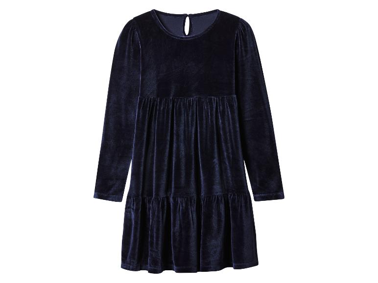 Dunkelblaues Samtkleid mit langen Ärmeln und Rüschen