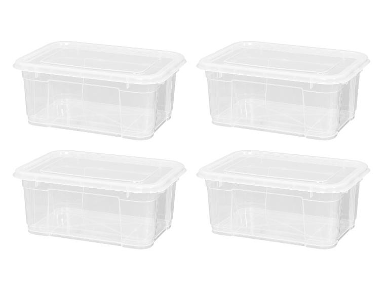 Vier durchsichtige rechteckige Plastikaufbewahrungsboxen mit Deckeln