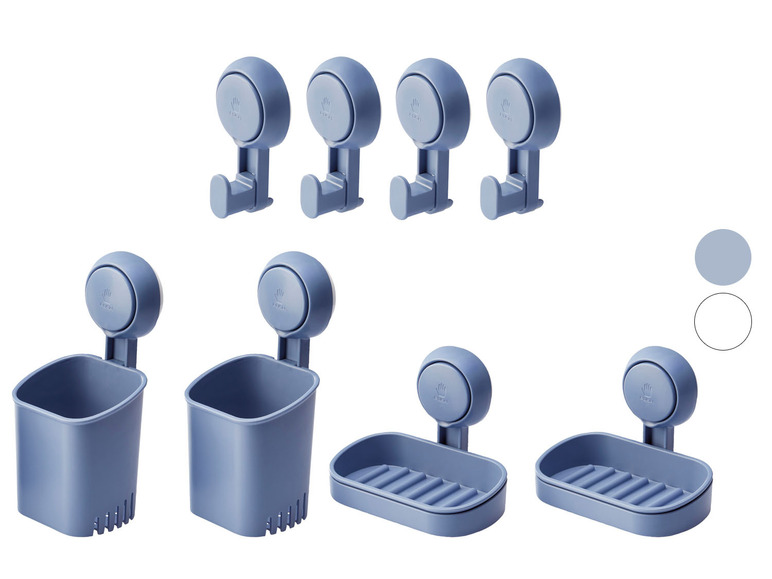 Selbstklebende Haken, Ablagekörbe und Seifenablagen für das Badezimmer.