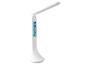 Weiße LED-Schreibtischlampe mit integrierter Uhr und Thermometer.