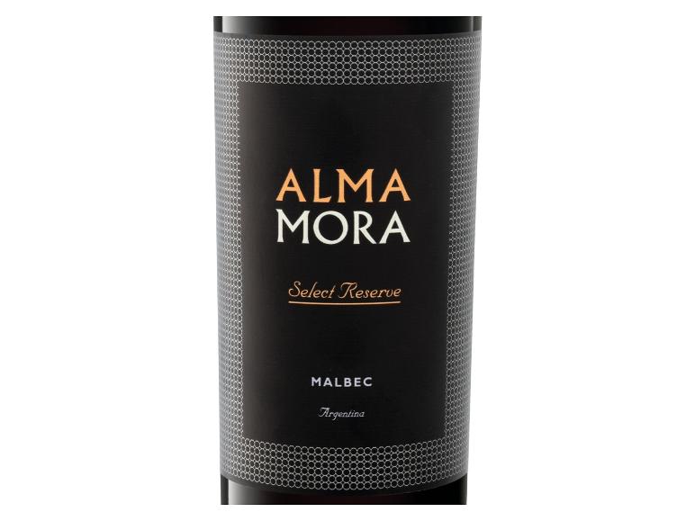 Eine Flasche Rotwein mit einem schwarzen Etikett mit der Aufschrift „ALMA MORA Select Reserve MALBEC Argentina“.