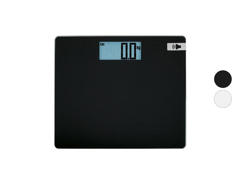 Schwarze Personenwaage mit Digitalanzeige, die „0.0 kg“ und ein Lautsprechersymbol zeigt.