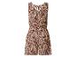 Damen-Jumpsuit mit braunem und beigem Muster, V-Ausschnitt und elastischer Taille.
