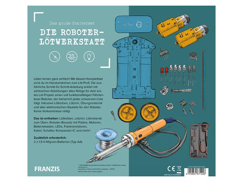 Ein Franzis Roboter-Lötwerkstatt-Set mit Lötkolben, Lötzinn, Roboterteilen und Batteriekasten.