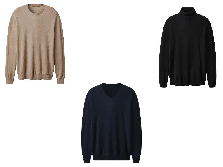 Drei Herrenpullover: ein beiger Rundhals, ein schwarzer Rollkragen und ein dunkelblauer V-Ausschnitt.