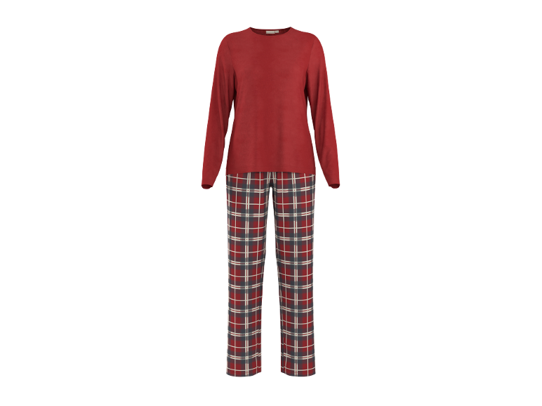Damen-Pyjama mit rotem Langarmshirt und karierter Hose