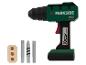 Parkside Bohrmaschine mit Zubehör, inklusive Bits und einem Holzklotz.