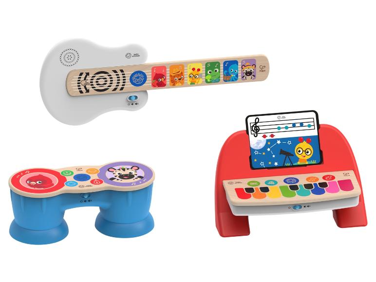 Baby Einstein Musikinstrumente: Gitarre, Trommeln und Klavier mit Tiermotiven.