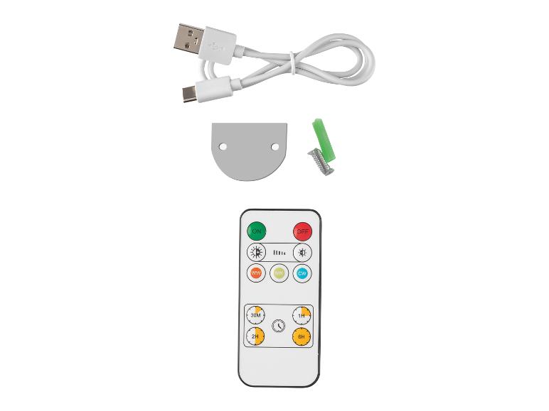 Fernbedienung, USB-Kabel und Montagematerial für Beleuchtung.