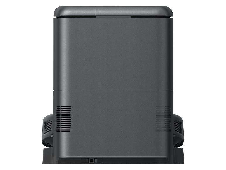 Vorderansicht einer schwarzen Roboterstaubsauger-Dockingstation.