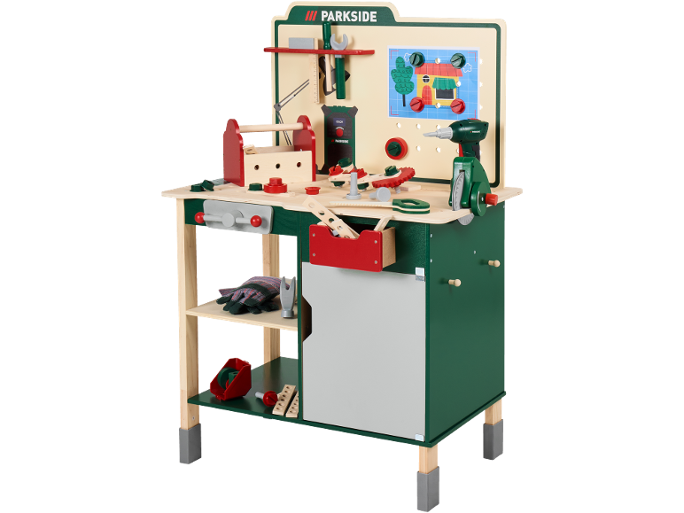 Hölzerne Spielwerkbank mit Werkzeugen, Werkzeugkasten und einer Hausbau-Aktivitätstafel.