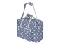 Eine blaue Tasche mit weißen Punkten, geeignet für Nähmaschinen.
