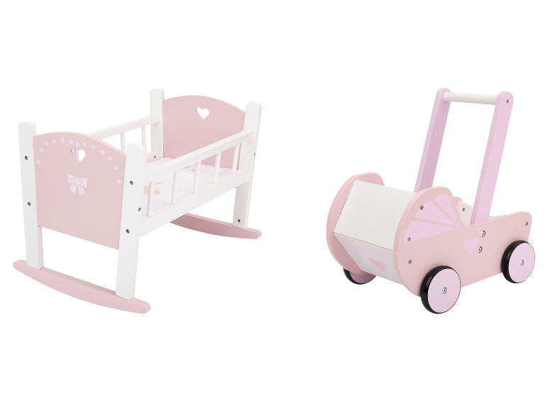LUPILU® Holz Babypuppenmöbel: rosa-weiße Wiege und Puppenwagen.