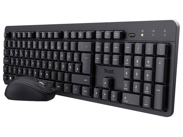 Schwarze kabellose Tastatur und Maus mit deutschem Tastaturlayout.