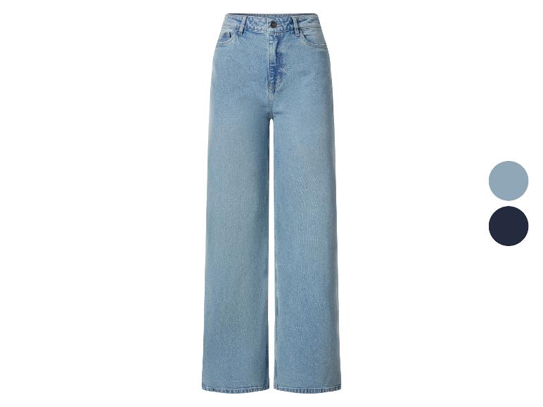 Hellblaue Denim-Wide-Leg-Jeans mit hoher Taille und zwei Farbmustern.