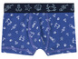 Blaue Boxershorts mit maritimem Thema, mit Anker, Fischen und Muscheln.