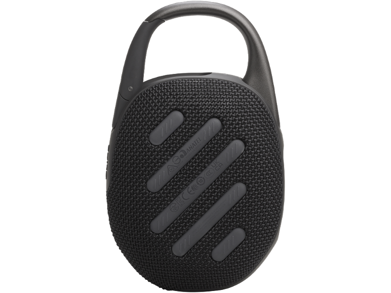 Rückseite eines tragbaren Lautsprechers mit Karabiner, zeigt Textur und Zulassungszeichen.