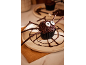 Halloween-Spinnen-Cupcake mit Schokostreuseln und Zuckeraugen auf einem Teller.