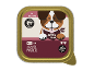 Hundefutterverpackung mit Cartoon-Hund und Text: „ADULT MINI HERZHAFTE PASTETE“.