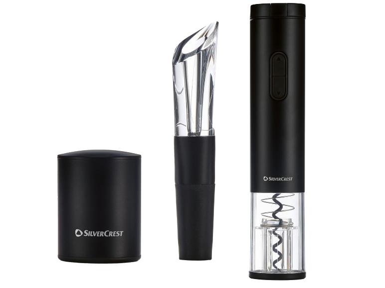 Elektrischer Korkenzieher, Weinausgießer und Vakuumverschluss in Schwarz