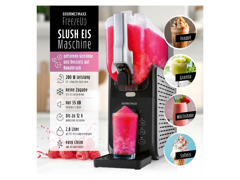 Slush-Eis-Maschine mit verschiedenen gefrorenen Getränken wie Frappé, Granita, Milchshake und Softeis.