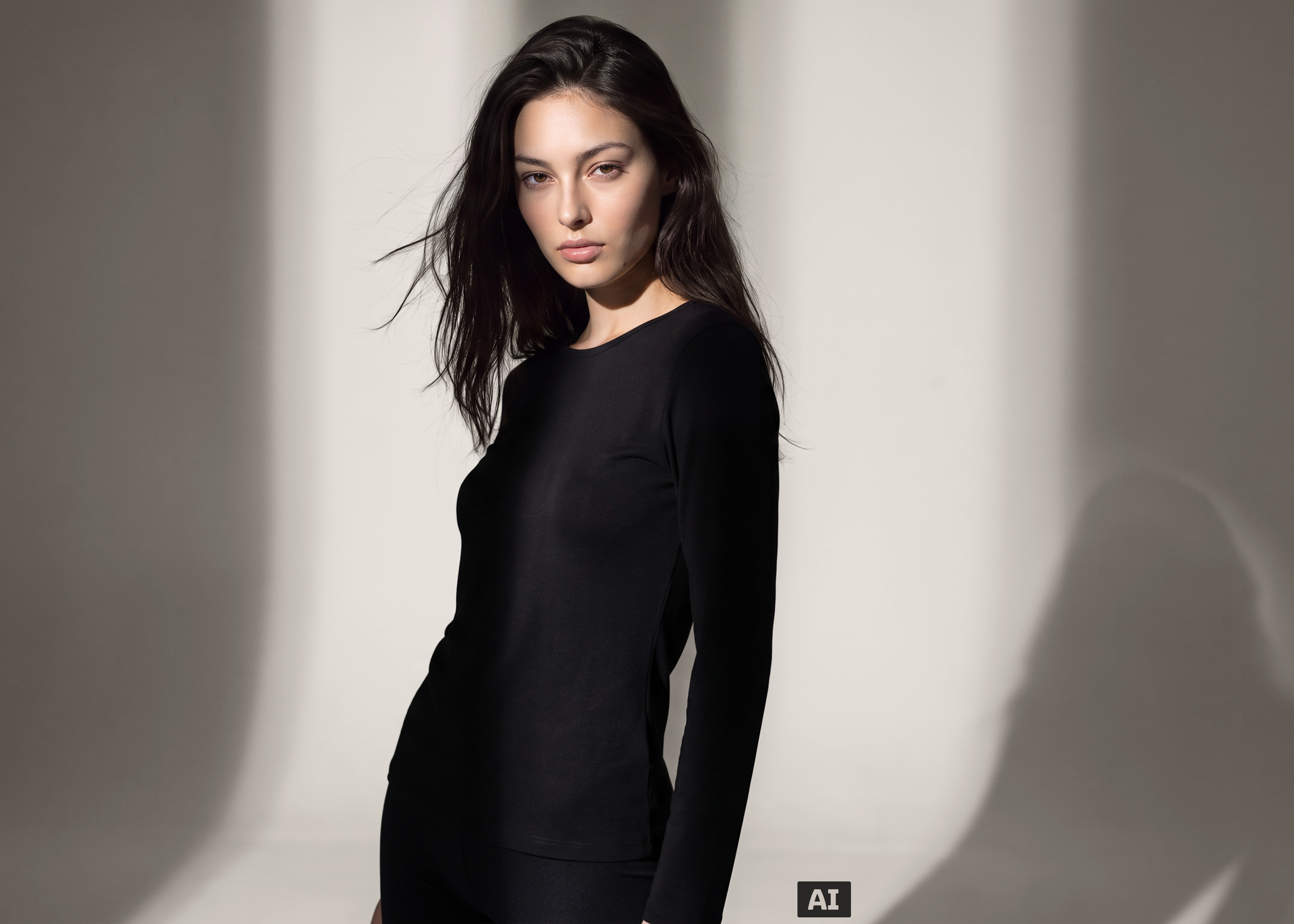 Dieses Bild ist KI-generiert: Ein weibliches Model trägt die Thermounterhose in der Farbe Schwarz.