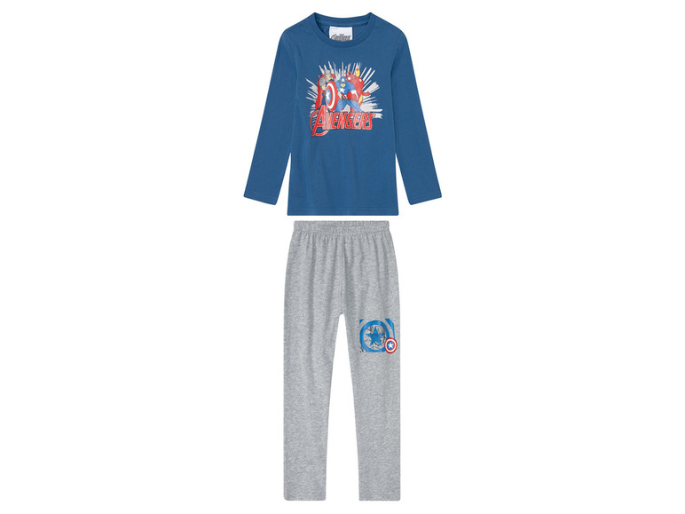 Avengers Pyjama für Jungen mit blauem Langarmshirt und grauen Hosen.