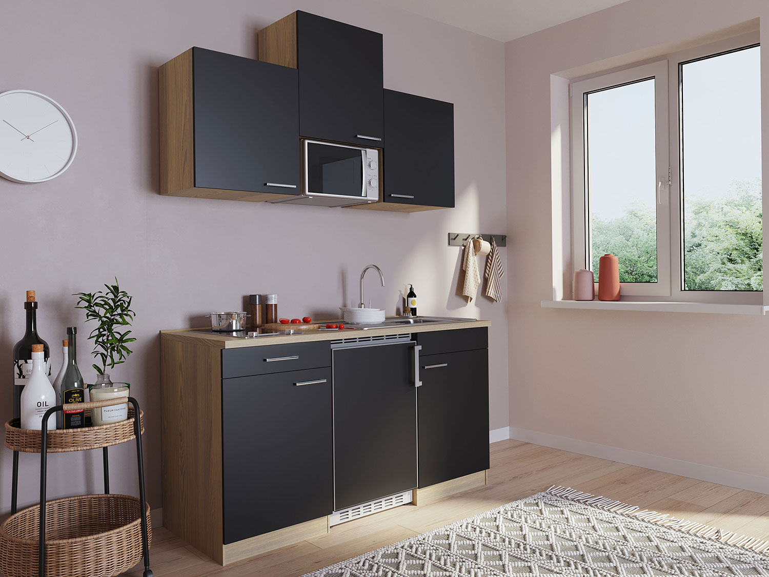 RESPEKTA Singleküche Eiche Sonoma Sägerau 150/160/180cm (mit Mikrowelle, schwarz / Glaskeramikkochfeld, Breite 150cm) – Bild 2 von 4