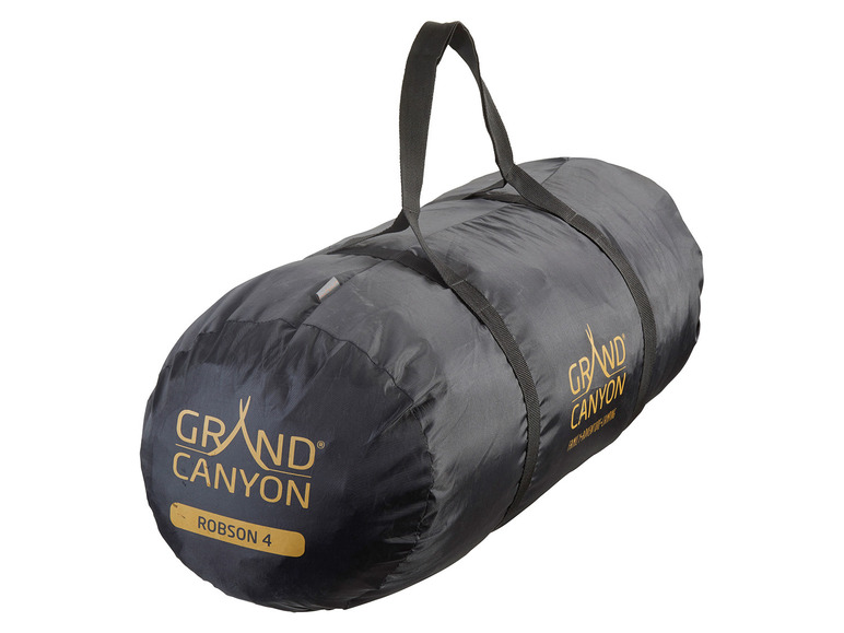 Ein schwarzes Grand Canyon Robson 4 Zelt in einer Tragetasche