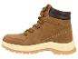 Braune Wanderstiefel mit beiger Sohle und dunkelbraunem Kragen.