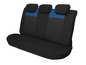Schwarze Autositzbezüge mit blauen Akzenten.
