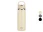 Beige Thermosflasche mit Druckknopfdeckel und Griff, mit grauen und schwarzen Farboptionen.