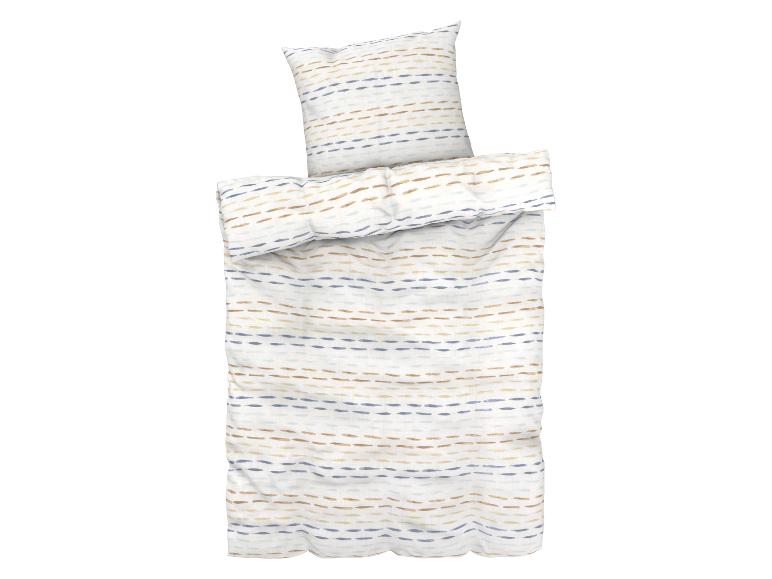 Betwäsche mit Bettbezug und Kissenbezug, blau-beige gestreiftes Muster.