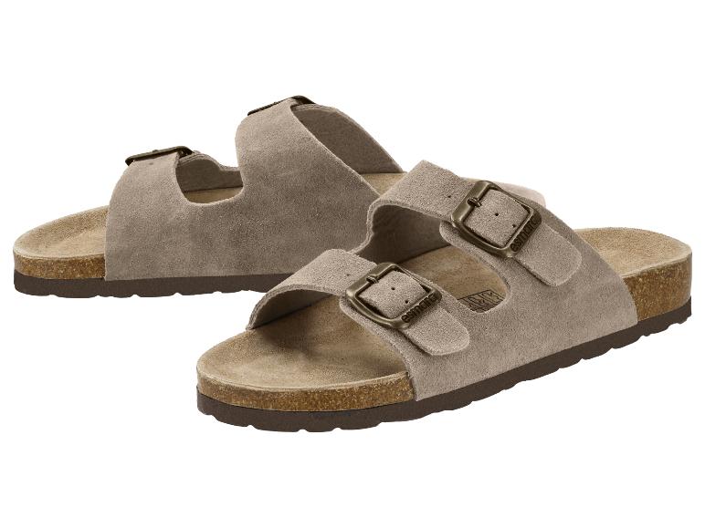Damen-Sandalen aus grauem Wildleder mit Metallschnallen und Korksohle
