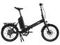 Schwarzes faltbares E-Bike mit Gepäckträger und Lichtern.