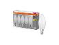 Eine Packung mit fünf LED-Kerzenlampen mit E14-Sockel, 4,9W entsprechend 40W, 470lm, warmweißes Licht, neben einer einzelnen Lampe.