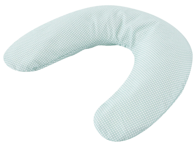 Ein hellblaues U-förmiges Kissen mit einem Muster aus kleinen Dreiecken.