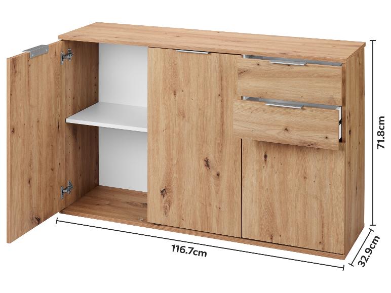 Holz-Sideboard mit zwei Türen, einem Einlegeboden und zwei Schubladen, Maße 116.7x71.8x32.9cm.