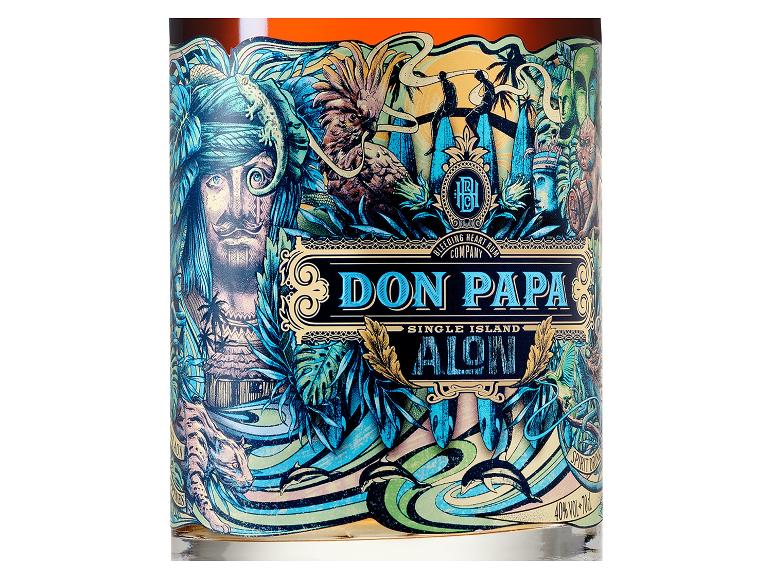 Don Papa Single Island Alon Rumflasche mit detailliertem, farbenfrohem Etikett.