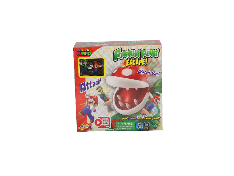 Brettspiel mit Mario- und Luigi-Figuren, die vor einer Piranha-Pflanze fliehen.