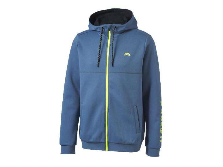 Blauer Herren-Hoodie mit neongelbem Reißverschluss und Logo, sowie Text auf dem Ärmel.