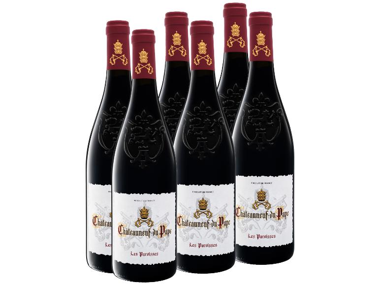 Sechs Flaschen Châteauneuf-du-Pape Rotwein mit weißen Etiketten und päpstlichen Siegeln.