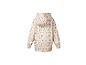 Beige Kinderregenjacke mit rosa Blumenmuster und reflektierenden Details.