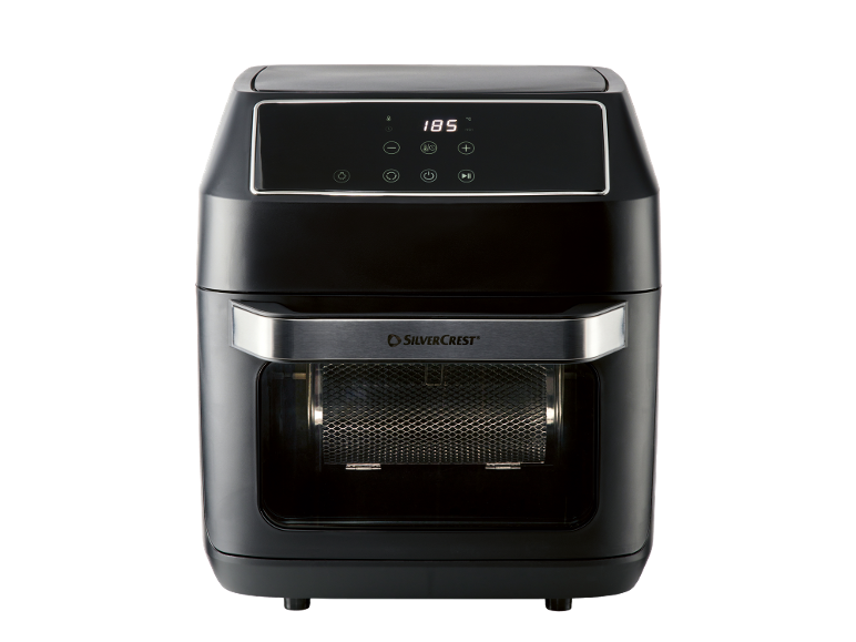 Schwarze Heißluftfritteuse mit digitaler Anzeige von 185°C und Timerfunktion.