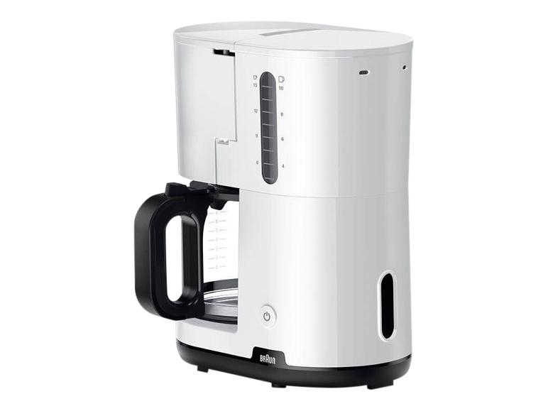 Weiße Kaffeemaschine mit schwarzem Griff und Sockel.